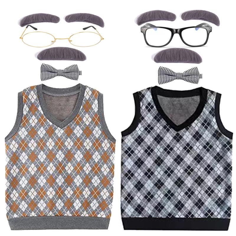 Children's Halloween Grandpa Costume Set with Beard, Scepter, Cigarette Holder, Vest, Bow Tie, and Dress Props for Performances.