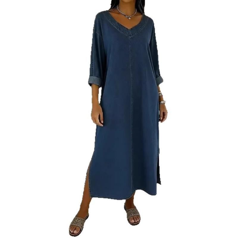 Solid Color V Neck Mid Sleeve Loose Imitation Denim Side Split Casual Midi Dress