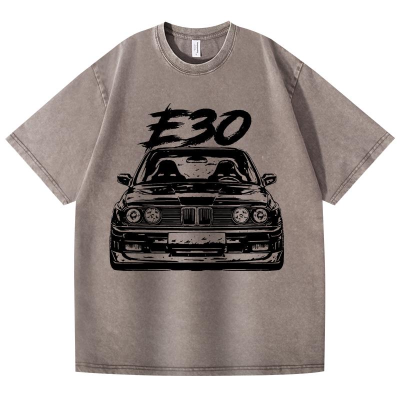 Retro Vasket Vintage T-skjorte E30 Bil 100% Bomull T-skjorte Fleece Tykk Varm Dame Herre Hip Hop Trykket Rund hals T-skjorte