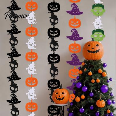 Soft Felt Garland Halloween Party Hanging Garland, Creepy Pumpkin Ghost Skull Witch Hat Horror Backdrop Decor Streamer, Banner for Trick or