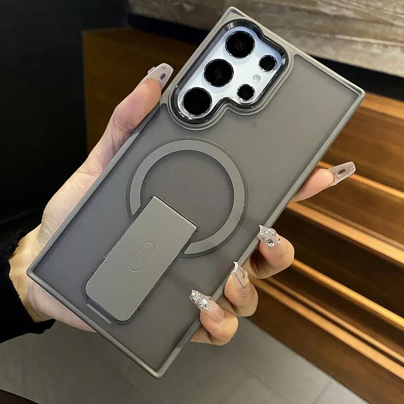 

Складной держатель-подставка, магнитный беспроводной зарядный чехол для Samsung S23 S24 S25 Ultra Plus, матовый полупрозрачный противоударный бампер Samsung S24 серый