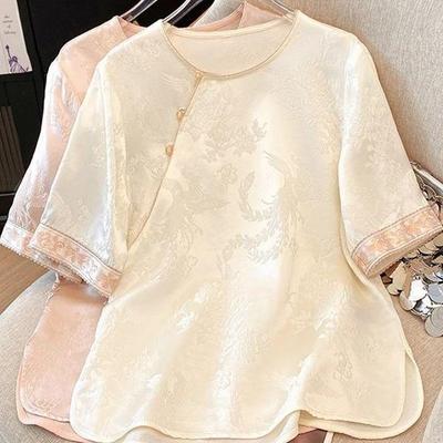 Jacquard Satin Short-sleeved Shirt Women's 2025 Summer New Fashion Temperament Acetate Pink Top
