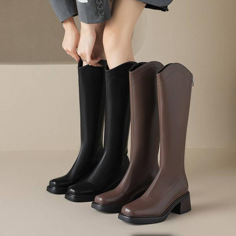Korean version of solid color leather back zipper Martin boots medium heel large size women's leather boots square heel square heel autumn and winte