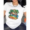 Short Sleeve T-Shirt for Women, Polyester Fabric, Lightweight and Durable, Tropical Beach Design with Palm Trees and Umbrella,