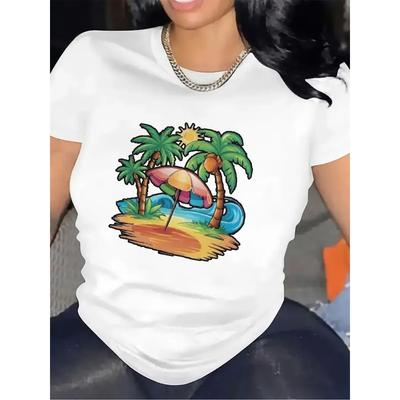 Short Sleeve T-Shirt for Women, Polyester Fabric, Lightweight and Durable, Tropical Beach Design with Palm Trees and Umbrella,