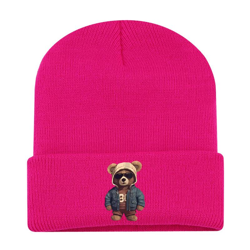 European and American New Autumn and Winter Hats, Women's Bear Printed Knitted Hats, Sleeves, Outdoor Warm Wool Hats, Men