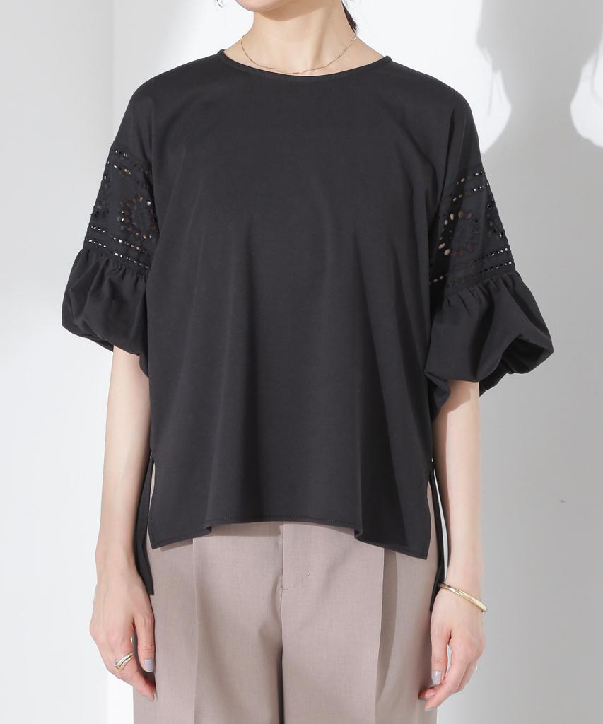 Nano Universe Floral Lace Top with Balloon Size F Women's Sleeves, Black, 010, 673-5124314