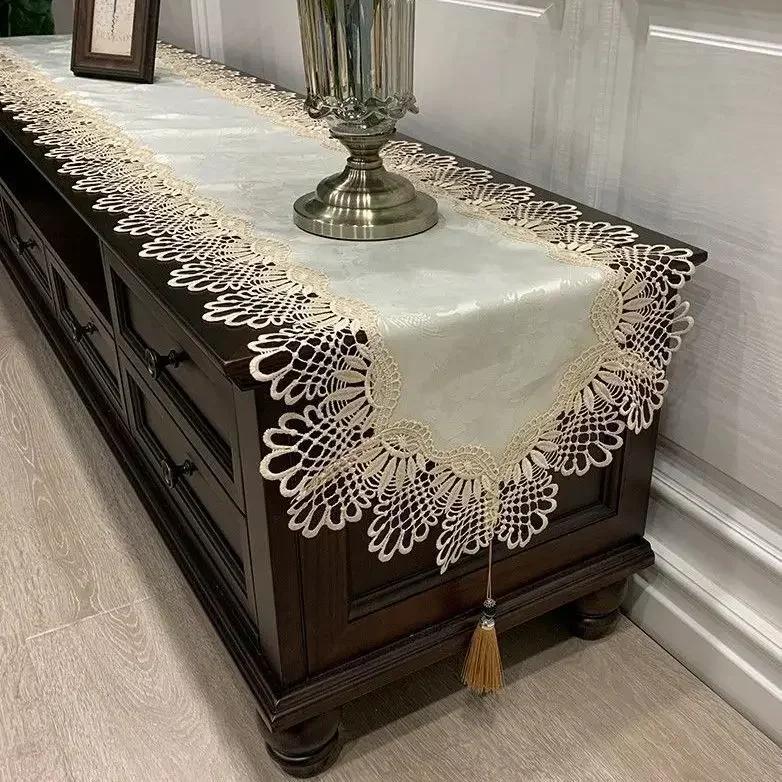 Tv Cabinet Lace Tablecloth  Embroidered Tassel Dining Table Flag Shoe Cabinet Long Striptransparent Yarn Dust Cover Cloth