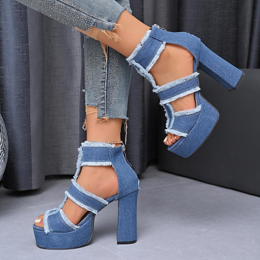 Fashion Summer Women Sandals New Platform Blue Denim Ankle Strap High Heels Shoes for Women Fashion Outdoor Sexy Peep Toe Sandals Women