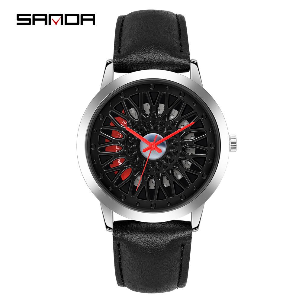 Sanda Men's 1061 Waterproof Leather Strap Watch with Trendy Hollow Dial