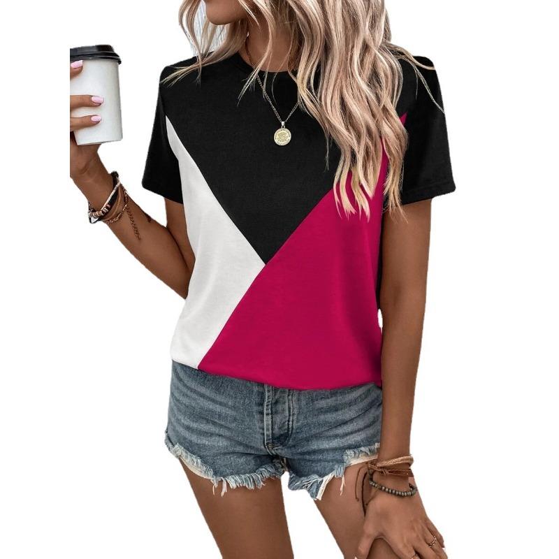 Women's Summer Contrasting Splicing Round Neck T-shirt Loose Casual Women's Top