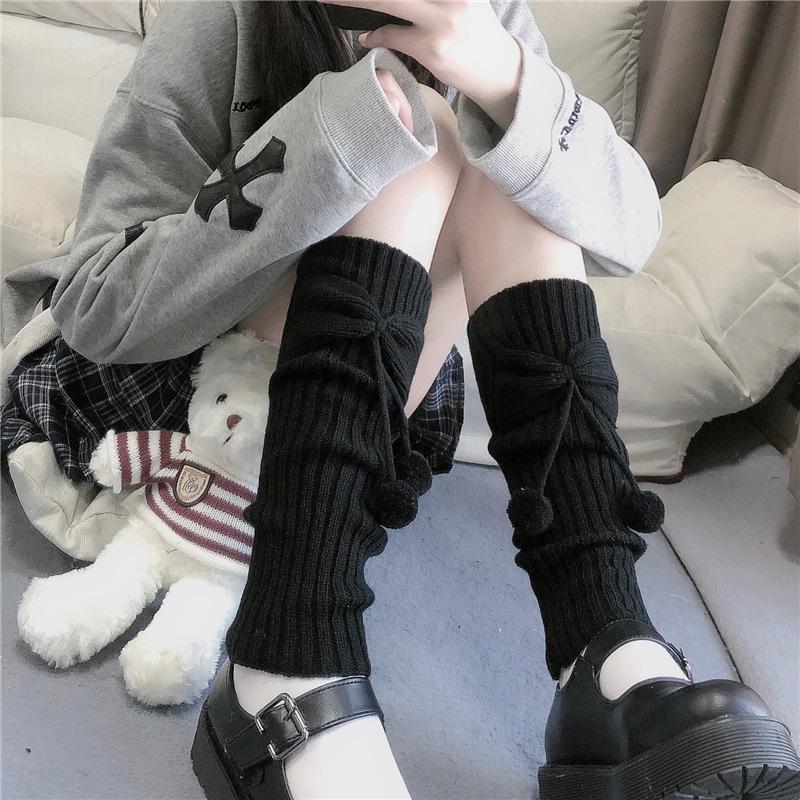 Japanese Lolita Bow Cute Hairball Knitted Socks Cover Women's Winter Leg Warmers Stacking Socks White Jk Socks
