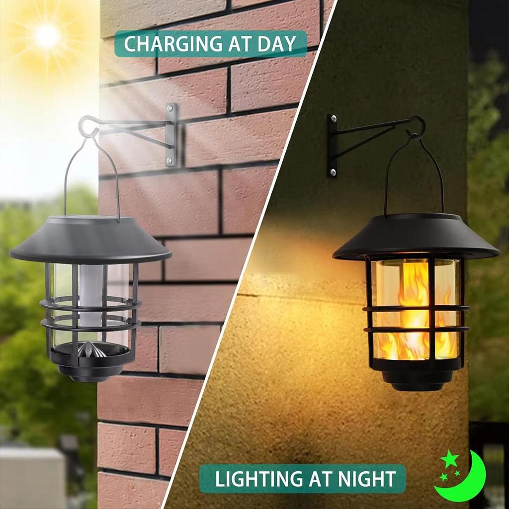 Solar Hanging Flickering Flames Led Lantern Lights Backyard Decor Decorative Wall Lamp Patio Outdoor Powered Porch Light Mounted