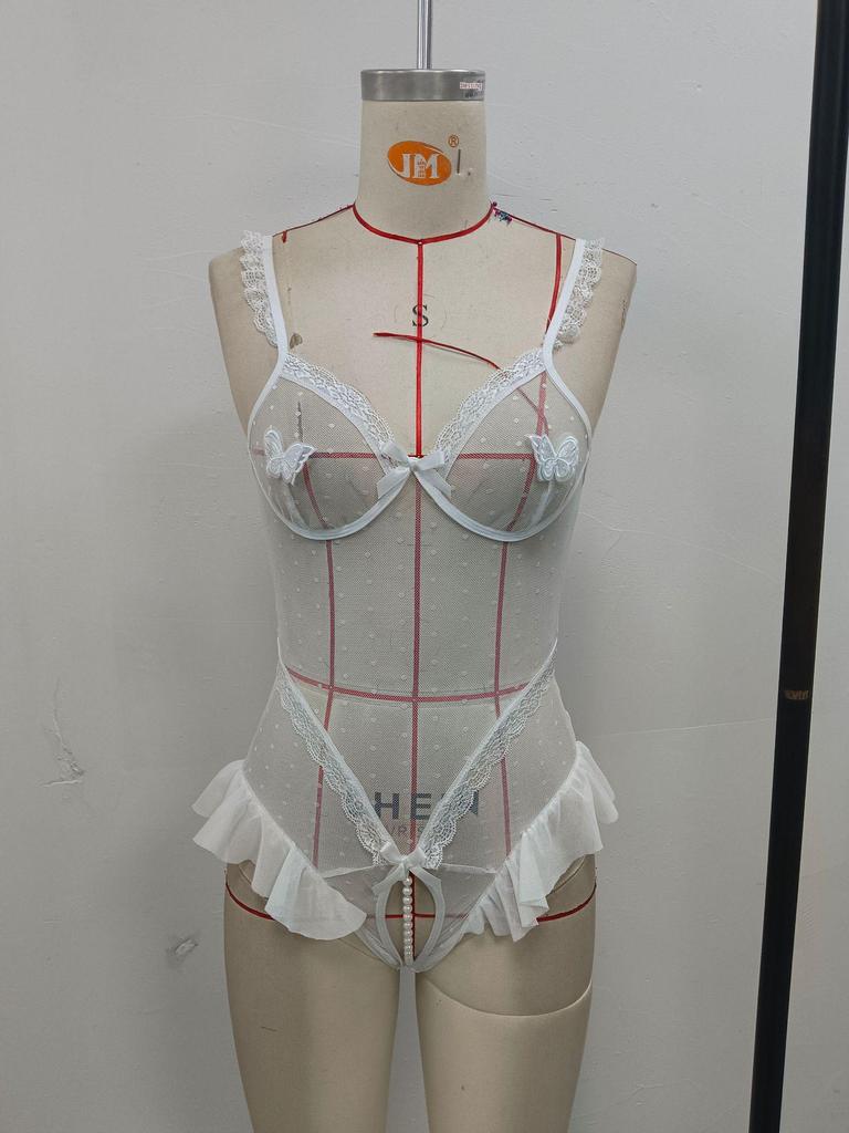 Ruo Lan Butterfly Mesh Crotchless Lingerie Bodysuit with Pearl Detail