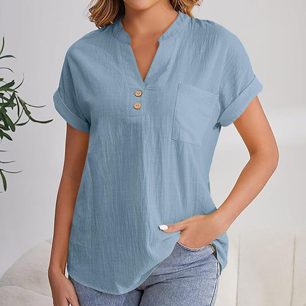 Women's Fashion Solid Color V Neck Button Pocket Short Sleeved Shirt Cotton Casual  T-shirt Top