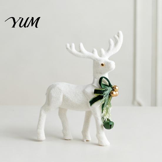 Holiday Gift Accessories with Bells White Flocked Elk Ornament, Ribbon Bell Decor 3D Standing Deer Winter Theme Table Centerpieces Figurine,