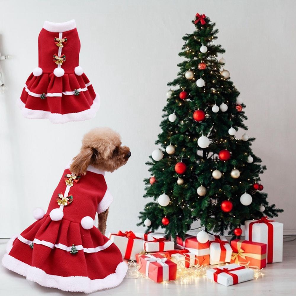 Dog Christmas Dress Pet Autumn And Winter Warm Clothes Dog Girls Costume Red Dress Puppy Warm Fleece Skirt for Christmas