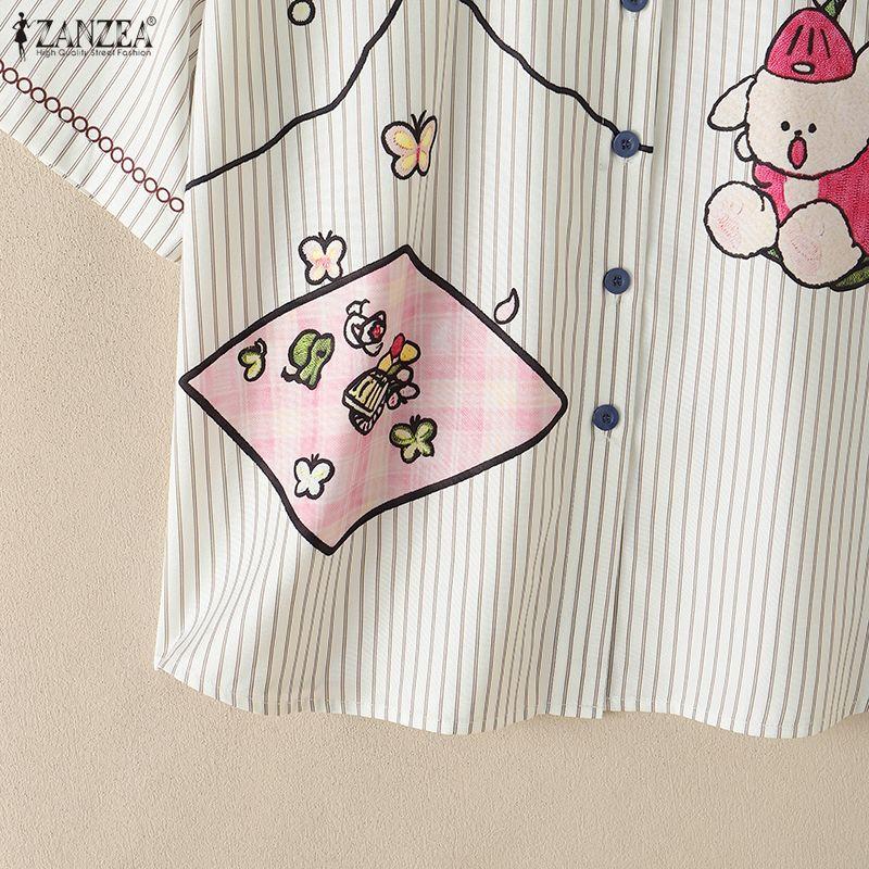 ZANZEA Women Casual Turn Down Collar Loose Short Sleeve Funny Print Stripe Blouse