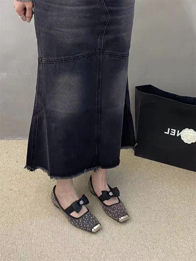 

2025 весна и осень новая мода туфли Мэри Джейн женские металлический квадратный носок мелкий вырез стразы плоские удобные одинарные туфли 39 золотой