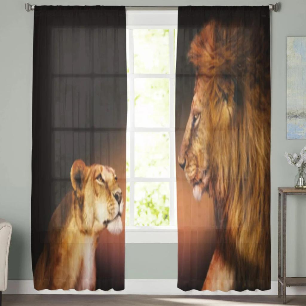 Transparente Vorhänge aus Chiffon mit zwei Löwen, die sich gegenseitig angreifen, für Wohnzimmer, Schlafzimmer, Dekoration, Fenster, Tüllvorhänge