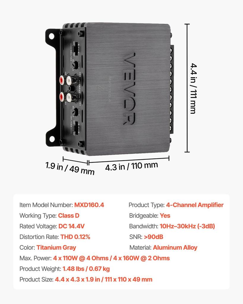 Car Audio Amplifier, 4-Channel Bridgeable Car Amplifier, Multichannel Class D Stereo Amp, Max. 4 X 110W At 4 Ohms / 4 X 160W At 2 Ohms, High Output,