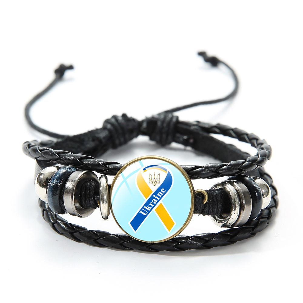 Ukrainian Flag Glass Charm Bracelet Blue Yellow Trident Graphic Vintage Handmade Woven Leather Beaded Bracelet