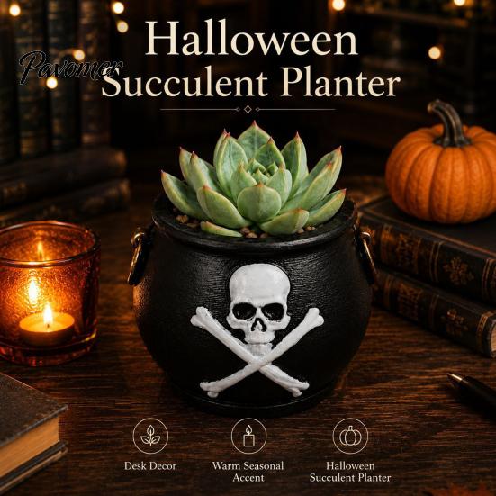 Black Magic Pot Witches Cauldron Planter, Halloween Skull Flower Pot, Gothic Resin Moss Micro Landscape Container Candy Bowl for Herbs, Indoor,