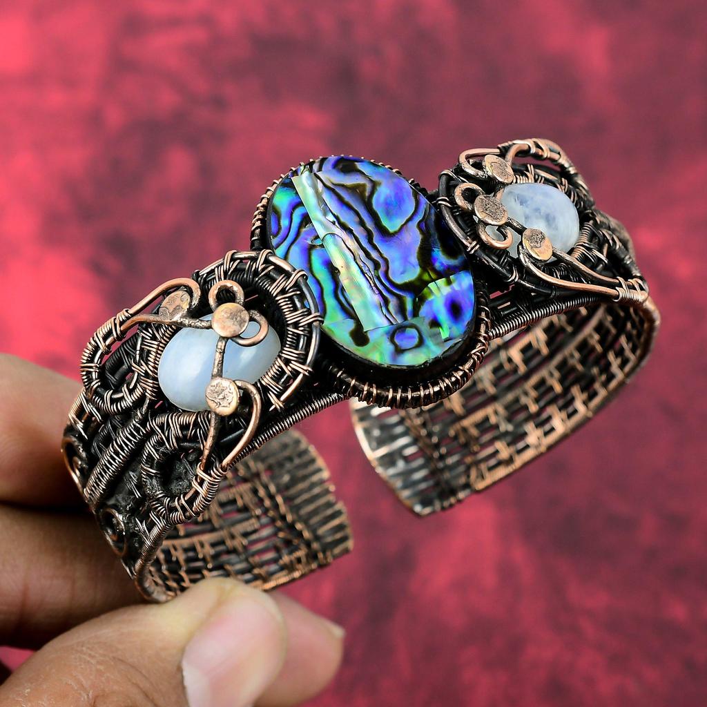 Abalone Shell Cuff Bracelet Copper Wire Wrapped Rainbow Moonstone Bangle Adjustable Gemstone Bangle Handmade Copper Jewelry Engagement Gifts