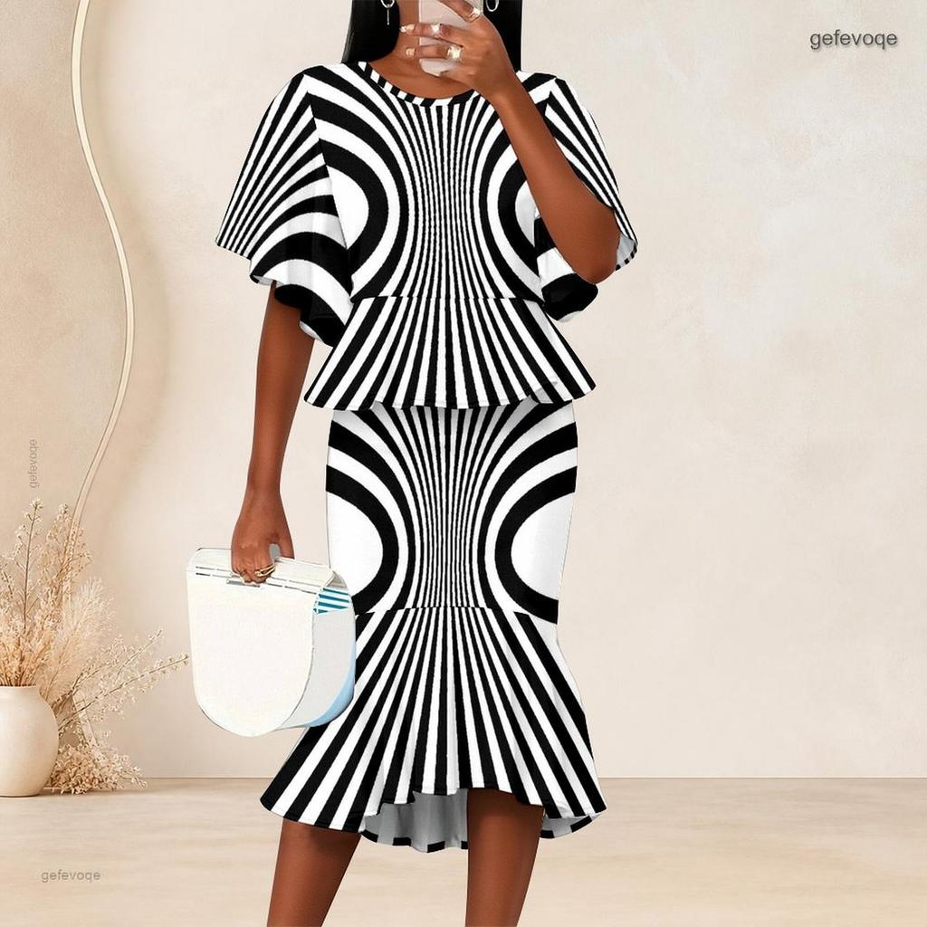 Women Plus Size Black Printed Round Neck Batwing Sleeve Ruffle Hem Top Fishtail Skirt Two Piece Set