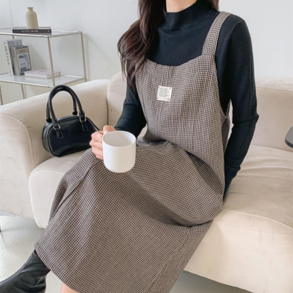 New Arrivals Open Run Women Check Pattern Suspender Long Dress Big Size Autumn  
