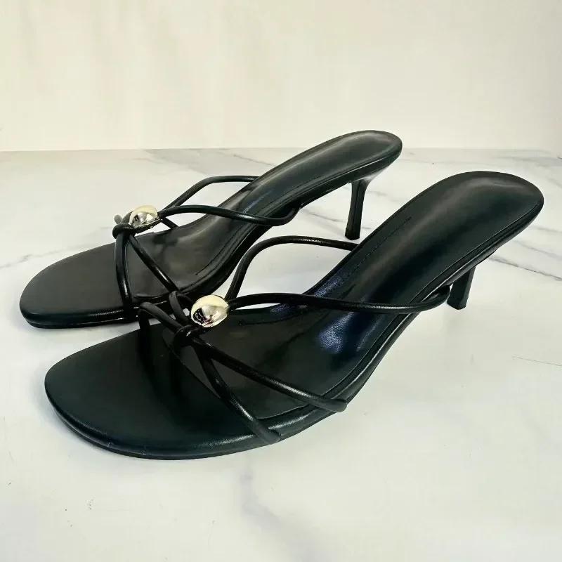 

Fashion Black Narrow Band Thin Heel Women Mule Shoes Fashion Metal Decoration Design Brand Slippers Sexy Open Toe Party Slide Sandals 42 чёрный