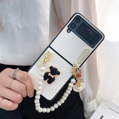 Capa de celular fofa de couro sintético com corrente de pérolas portátil 3d para Samsung Galaxy Z Flip 3 5g com pingente de concha