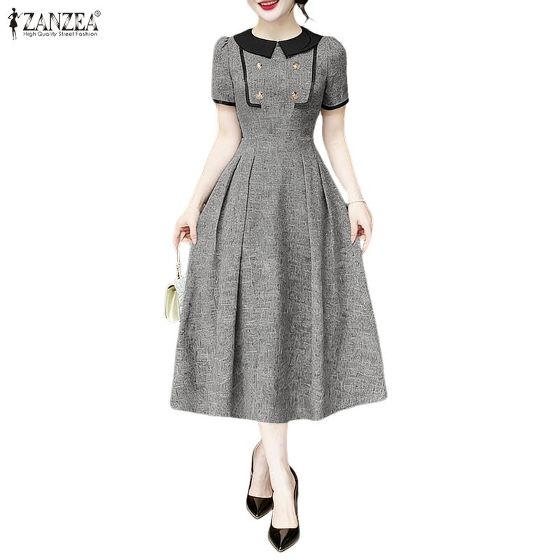 ZANZEA Women Casual Doll Collar Summer Short Sleeve Elegant A-line Dress