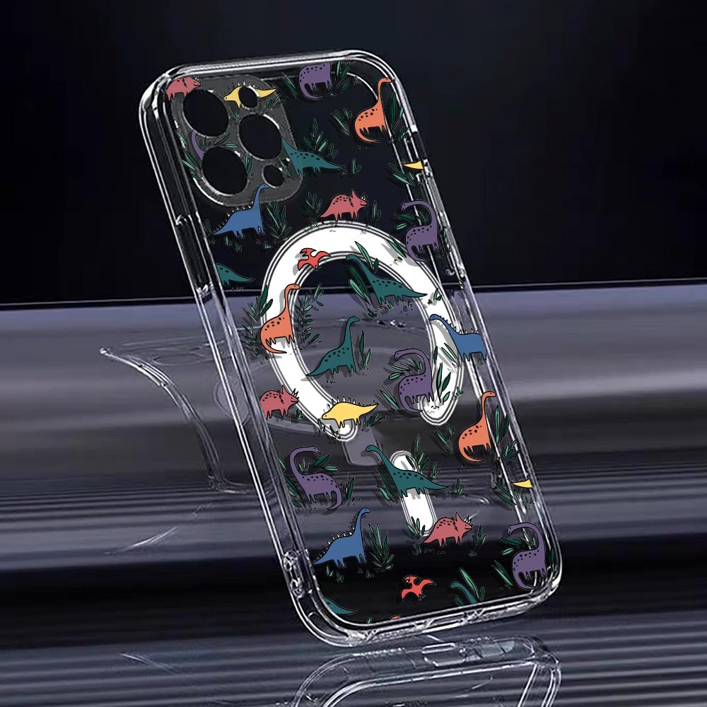 Cartoon Dinosaurs Cute Phone Case For iPhone 17 16 15 14 13 12 Pro Max Plus With Magnetic Crystal Clear Case Wireless Charge