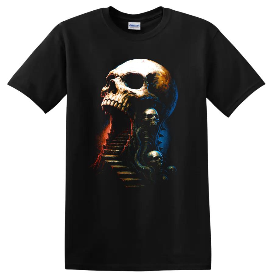 Skull Skeleton Gothic Horror Art T Shirt w/ Staircase Blue Red Graphic Dark Tee