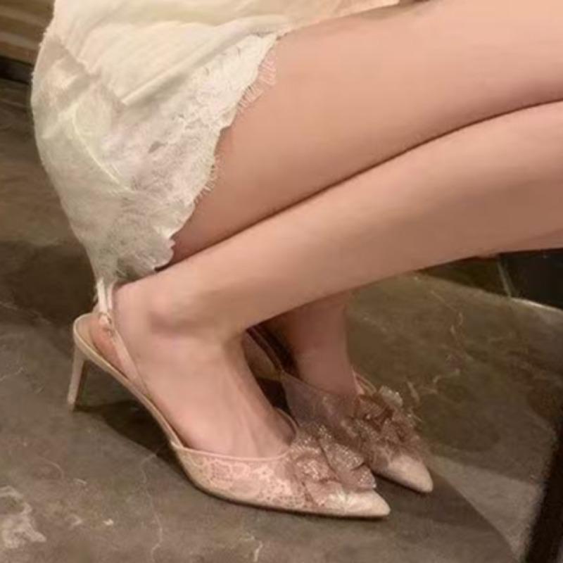 Fashion Party High Heels Summer New Pointy Head Shallow Mouth Glitter Flower Lace Cloth Soft Soled Anti-slip Wear-resistant Sandals
