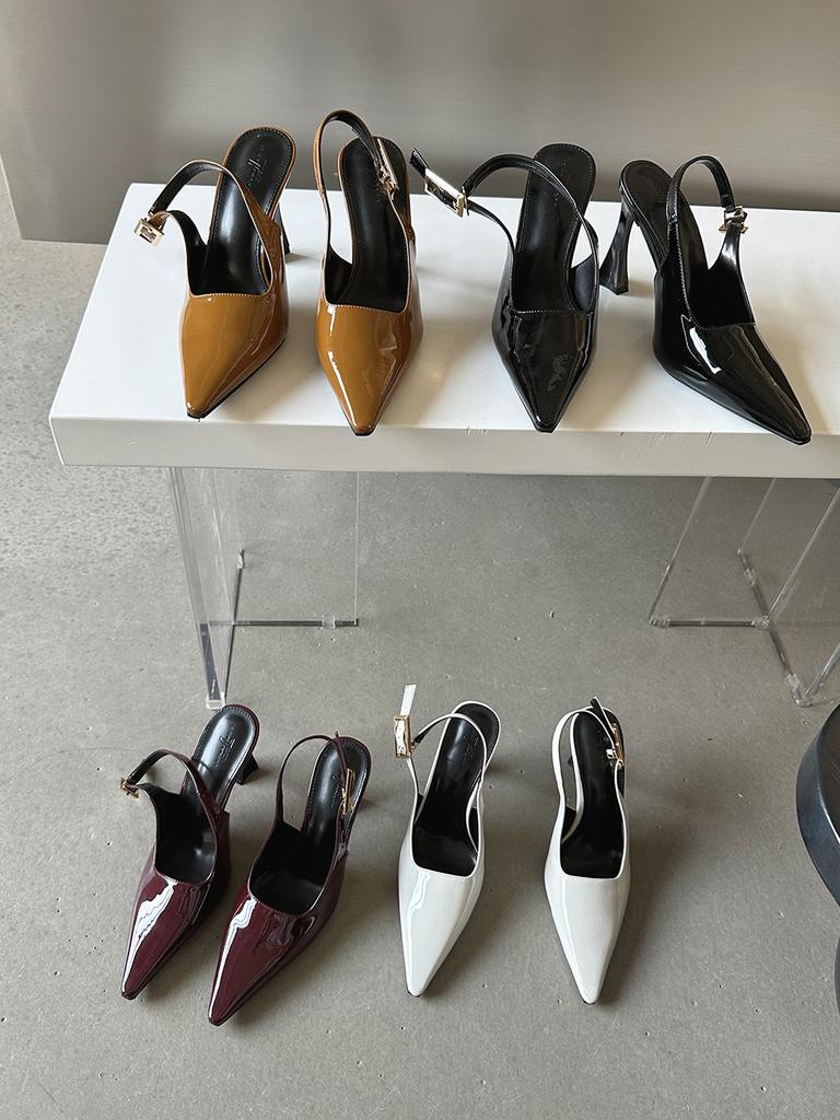 fashion Pointed Toe Women Sandals Patent Leather Summer Dress Shoes Thin High Heels 2024 New Arrivals Belt Buckle Sandals Mules 35-39