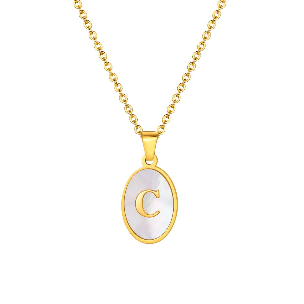 Stainless Steel Oval White Shell 26 Letter Pendant Name Letter Necklace Commemorative Gift Pn-2186