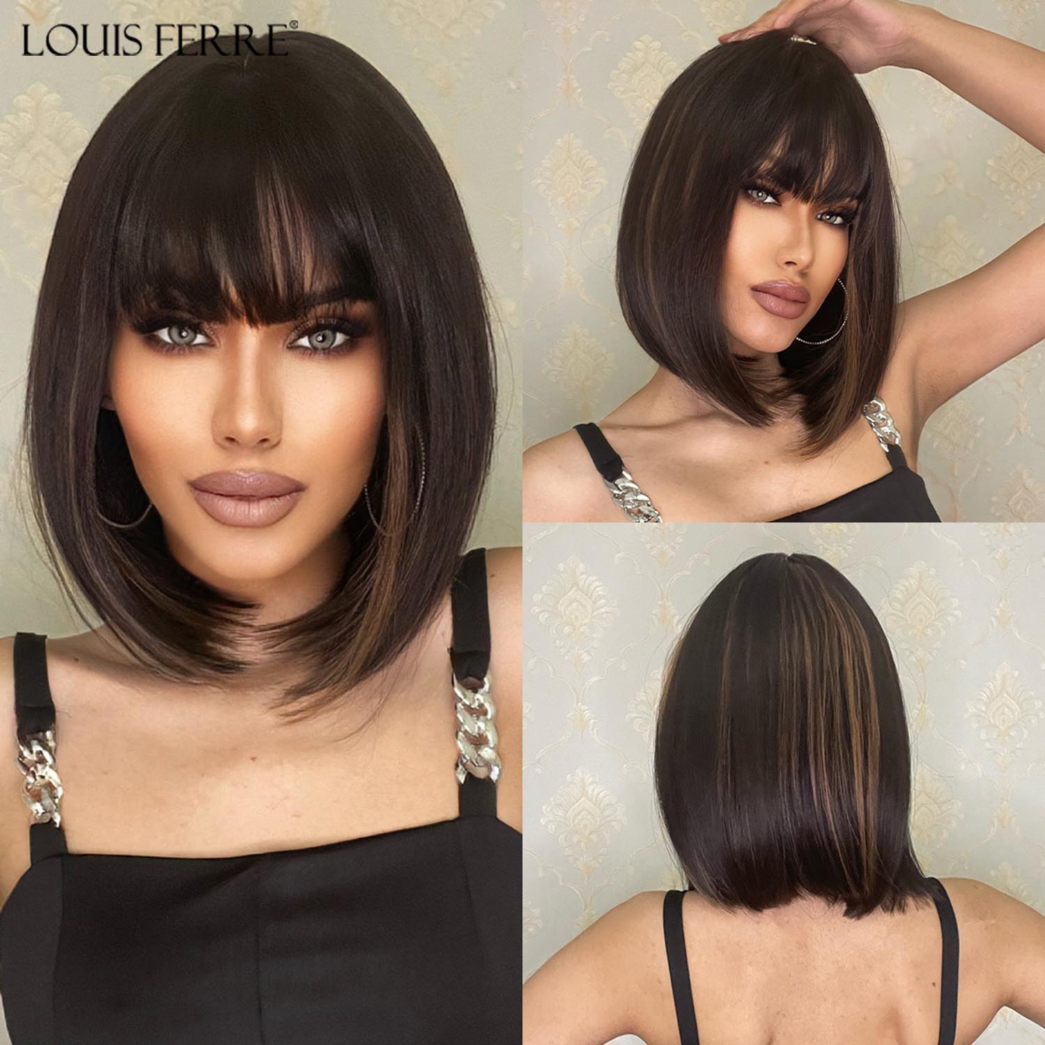 

LOUIS FERRE Короткие серебристо-серые парики со светлой челкой Натуральные синтетические парики для женщин Ежедневный косплей Волосы Термостойкое волокно