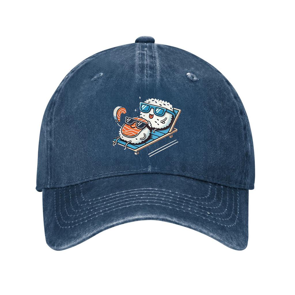 Sushi Couple Relaxing On Beach Chair Graphic Print Baseball Cap Cotton Adjustable Casual For Adults