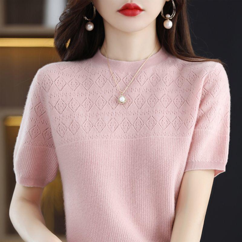 Knitted Shirt Hollowed Out T-shirt Spring New Round Neck Short Sleeved Loose Top