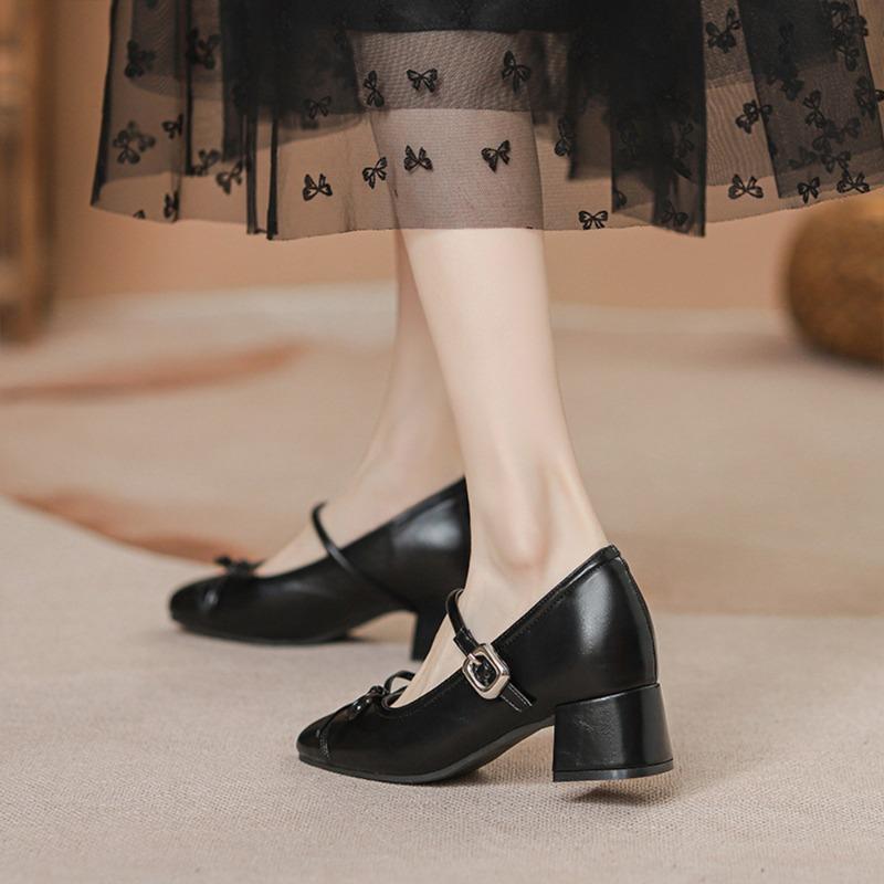 New Mary Jane Shoes Women's Thick Heel Inner Height Increase Bow Round Head Shallow Mouth One-word Buckle Soft-soled Non-slip Single Shoes