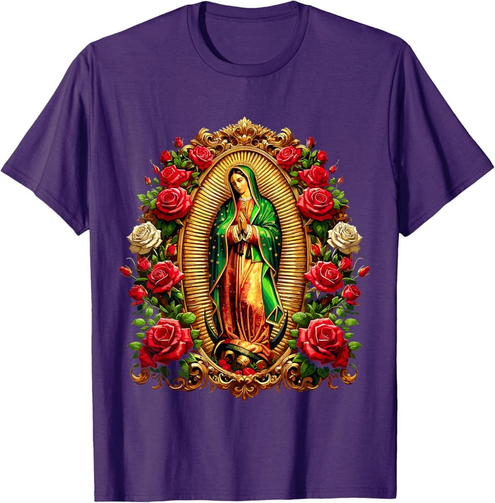 Virgen De Guadalupe Religious Graphic Tee Men Casual Cotton Rose Print T-Shirt