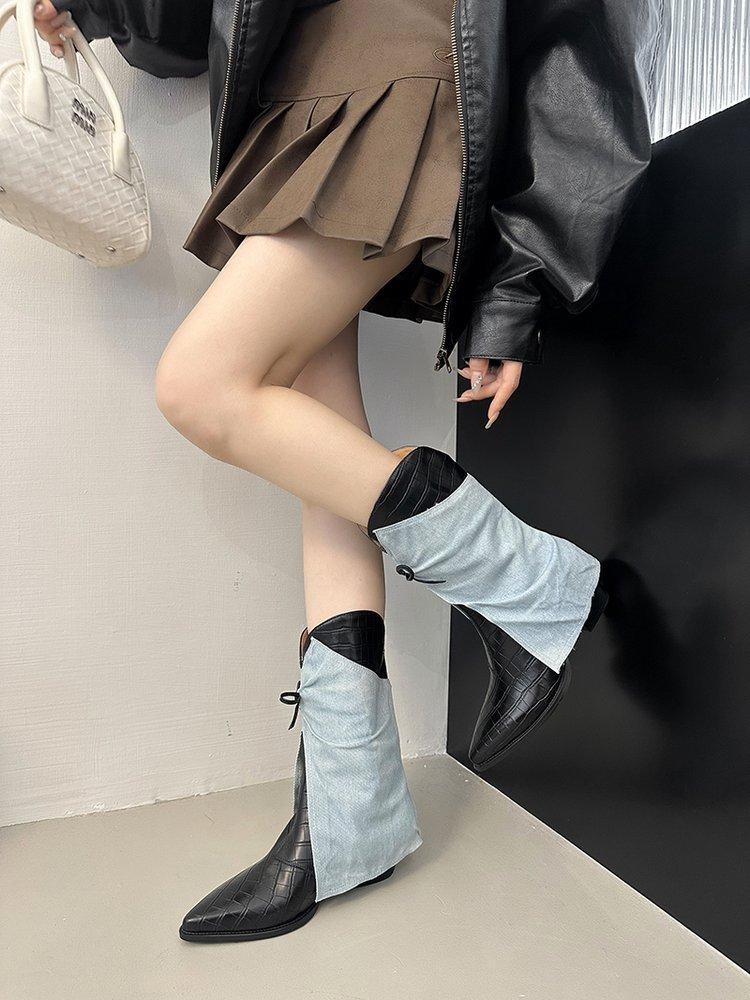 

Sheepskin version! Retro American boots pointed black thin one-pedal short trousers stacked boots female summer 42 синий