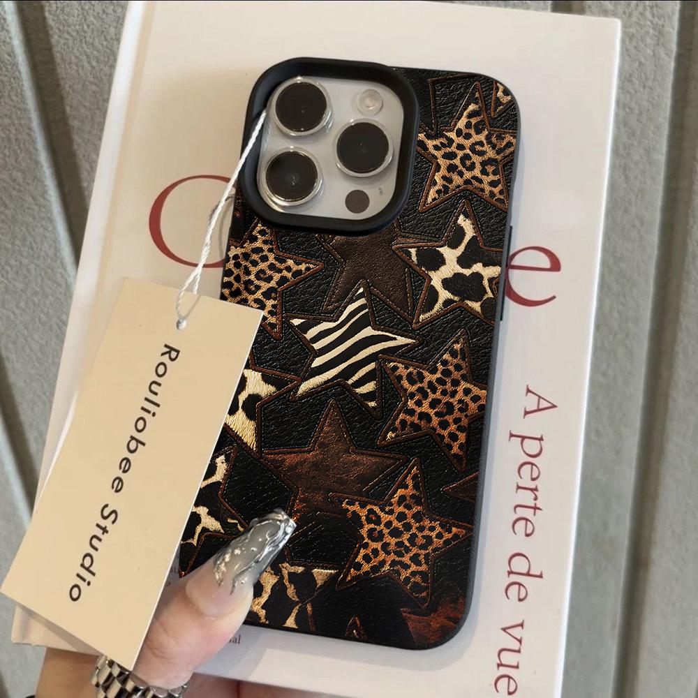 HOT Luxury Ins Colored Star Leopard Lichee Leather Phone Case For iPhone 17 16 15 14 13 12 11 Air Pro Max Plus X XR XSMax