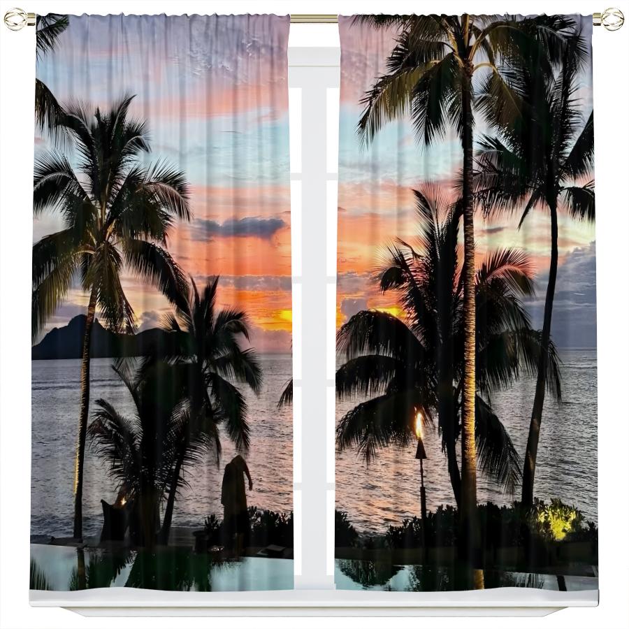 2pcs- Korean-style palm and coconut tree polyester curtains, pole bag curtains 42*84, bedroom, living room, home room decoration