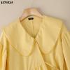 VONDA Women Casual Lapel Neck Solid Color Irregular Loose 3/4 Sleeve Blouse