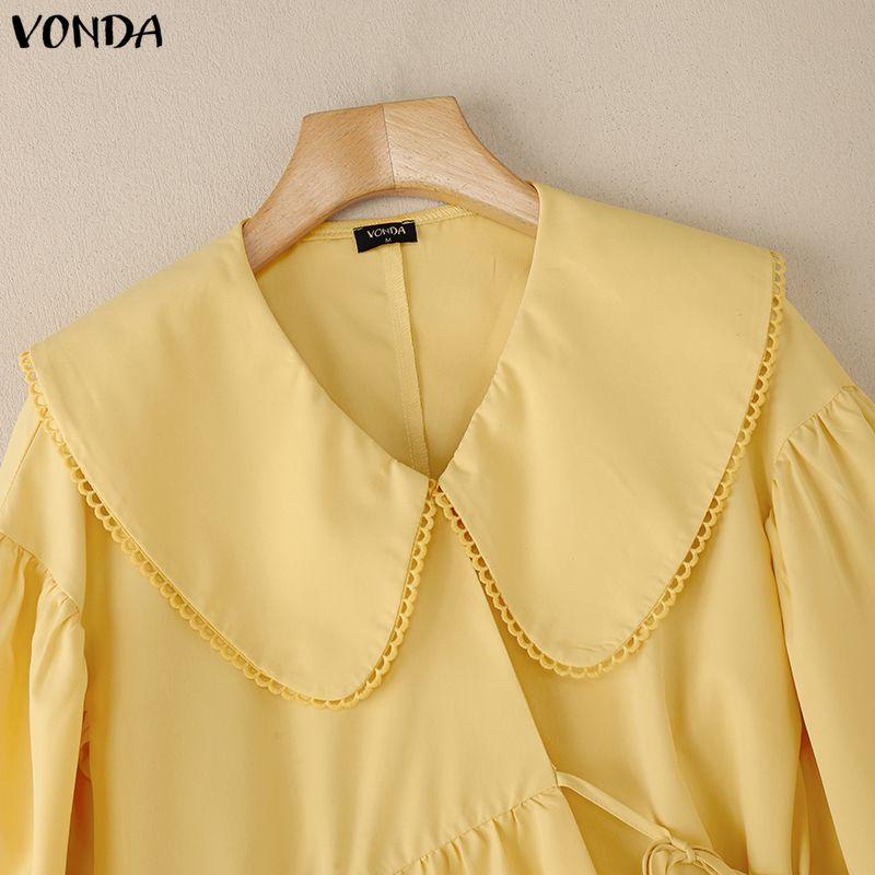 VONDA Women Casual Lapel Neck Solid Color Irregular Loose 3/4 Sleeve Blouse