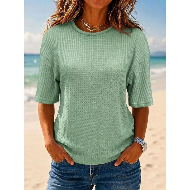 Casual Waffle Women Fashion T-shirt Top Summer Loose Solid Color Tee Tops Female All-matching Women T-Shirts
