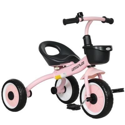 Tricycle for Children Ages 2-5, Kids' Bike with Adjustable Seat, Basket, Bell and Pedals, 70.5x53x58 Cm, Pink